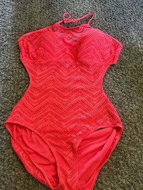 OP Womens One-Piece Swim Bodysuit — Bright Pink Lace-Style